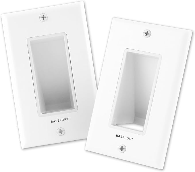 Recessed Wall Plate for Behind Wall Cable Management - White Wall Plate Cable Pass Through with Low Voltage Mounting Bracket to Hide TV Cords for Wall Mount TV, Bottom Opening, 2 pack by BASEPORT