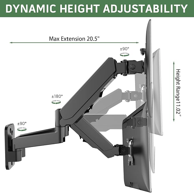 UPGRAVITY Dual Monitor Wall Mount for Two 17-32 inch Flat Computer Screens | Height Adjustable Gas Spring Double Monitor Wall Mounted Bracket Arms Hold up to 17.6lbs, VESA 75/100mm - Image 5