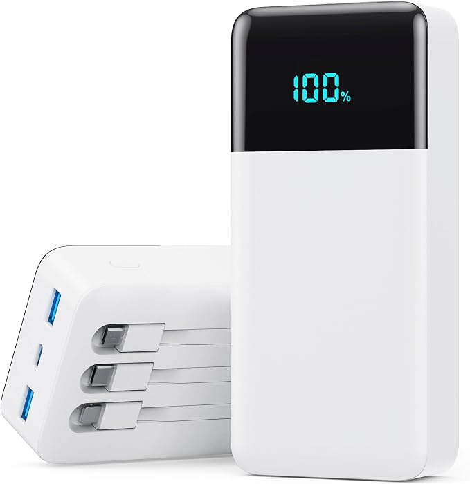 Portable Charger Power Bank 50800mAh,25W USB C Fast Charging Battery Pack with 3 Built in Cables & LED Display,6 Output 2 Input Travel Essentials Phone Charger for iPhone 17/16/15,Android etc (White) by Pxwaxpy