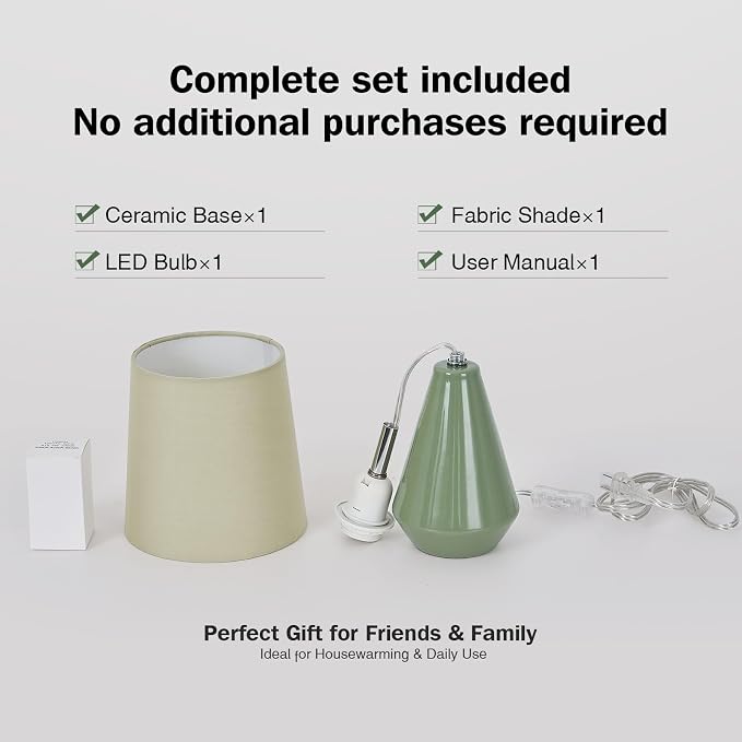 Small Bedside Table Lamp for Bedroom - Reading Desk Lamp with 3 Color Temperatures，15.5" Nightstand Ceramic Lamp with Fabric Shade for Kids Room,Living Room,Dorm,Home Office (Green) - Image 8