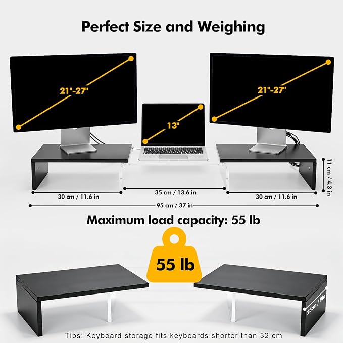 Dual Monitor Riser, Acrylic Monitor Riser, Adjustable Angle & Length Computer Monitor Stand, Wide Desk Shelf for Top of Desk for Home Office_Black Maple Look Small - Image 3