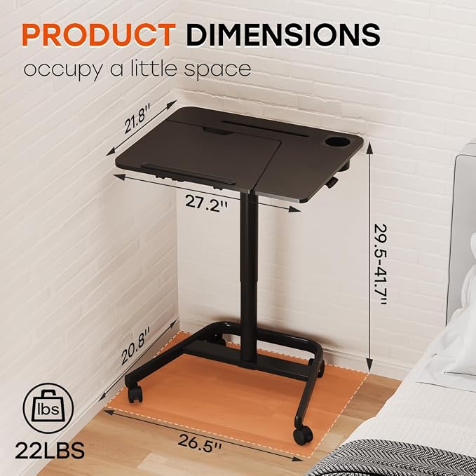 JOY worker Rolling Standing Desk, 60° Tiltable Mobile Laptop Desk, Black | Pneumatic Height Adjustable Cart, Portable Stand Up Desk with Wheels & Cup Holder for Office Home School, Holds Up to 22lbs - Image 2