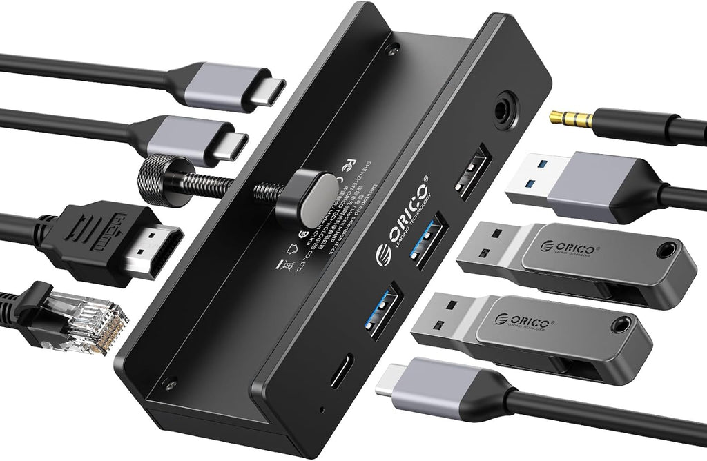 ORICO Clip Docking Station, 8-in-1 Clamp USB C Hub with 4K@60Hz HDMI, 100W PD, Gigabit Ethernet, 4xUSB Port, AUX, 10Gbps Clamp Docking Station for Laptop, MacBook, PC (Adapter Not Included) by ORICO