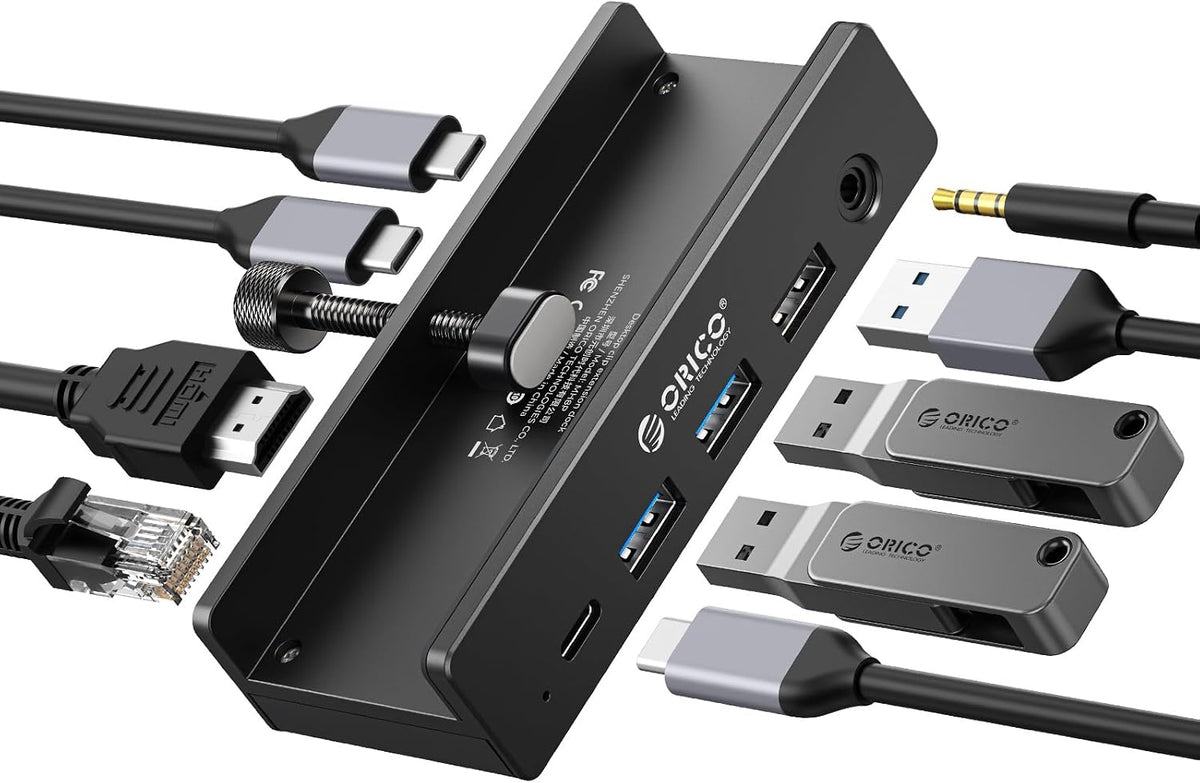 ORICO Clip Docking Station, 8-in-1 Clamp USB C Hub with 4K@60Hz HDMI, 100W PD, Gigabit Ethernet, 4xUSB Port, AUX, 10Gbps Clamp Docking Station for Laptop, MacBook, PC (Adapter Not Included) by ORICO