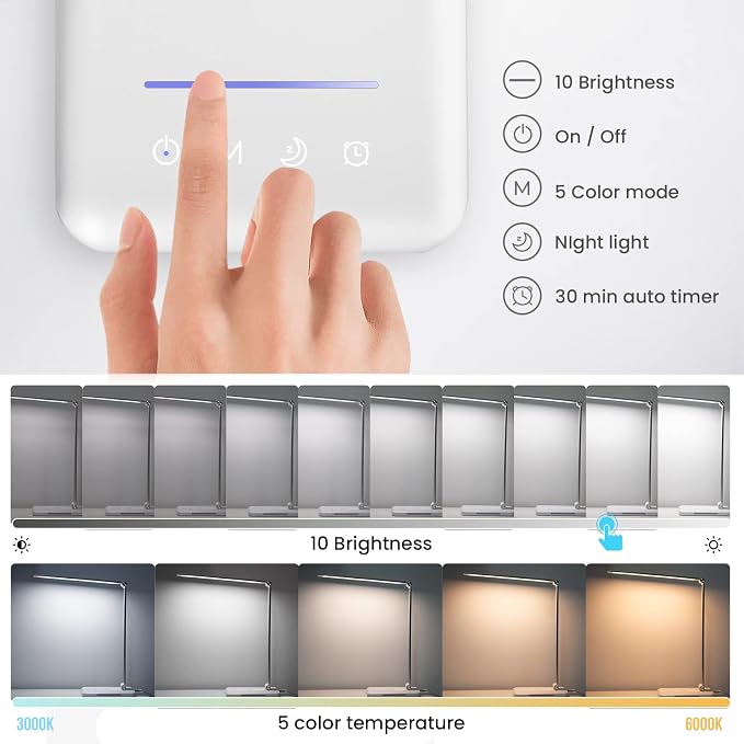 LED Desk Lamp with Night Light, Fast Wireless Charger, USB Charging Port, 10 Brightness, 5 Color Modes, Dimmable Bedside Table Lamp for Bedroom, Touch Control, Auto Timer, 1200Lux Super Bright - Image 4