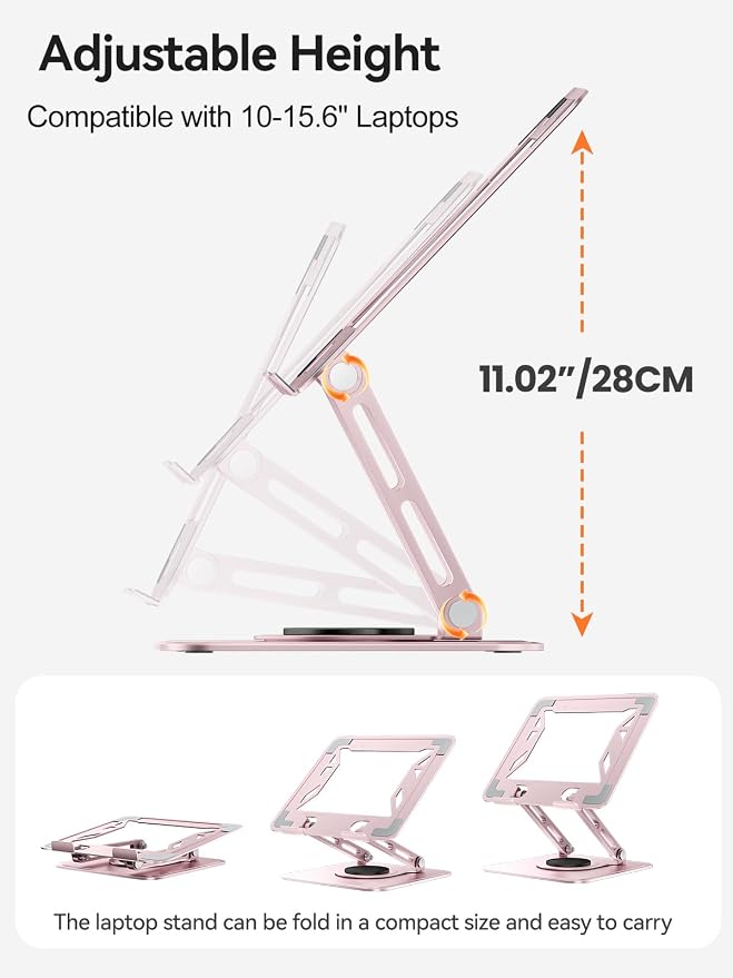 tounee Laptop Stand for Desk, Adjustable Computer Stand Holder with 360° Rotating Base, Ergonomic Laptop Riser Compatible with MacBook Pro Air, All Laptops 10-15.6"-Pink - Image 4