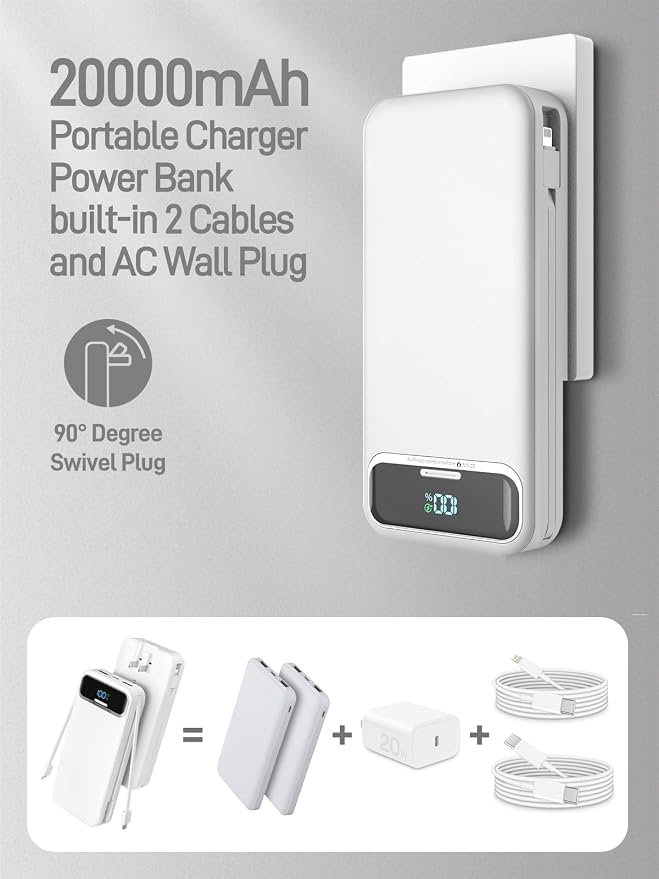 Nusyddy Portable Charger 20000mAh Fast Charging w/Built-in Wall Plug White | 22.5W Fast Charging, High Capacity, LED Display, Charge 5 Devices at once, TSA Approved, Compatible with iPhone/Samsung - Image 2