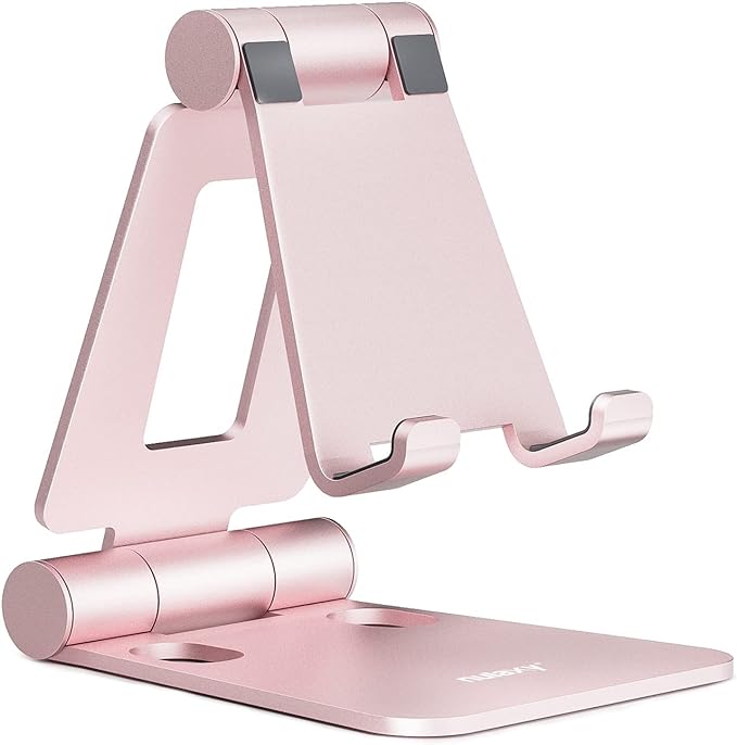 Nulaxy Full Aluminum Dual Folding Cell Phone Stand for Desk, Rose Gold | Height Angle Adjustable, Portable, Anti-Slip Base, Fits 18mm Thick Case Smartphone, Nintendo Switch Desk Essential Accessory by Nulaxy