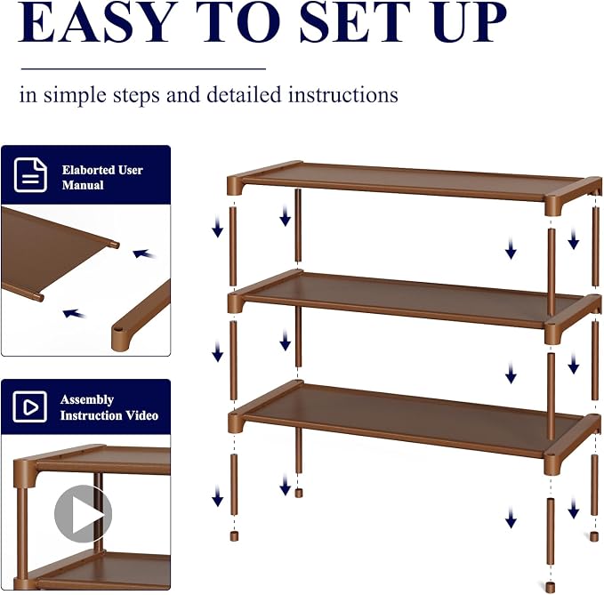 Kitsure Shoe Rack - Non-Woven Shoe Rack Shelf, 27.5" Wide - 3 Tier, Brown | Shoe Organizer for Closet, Entryway, Garage, Stackable Shoe Shelves, college dorm&apartment essentials - Image 5