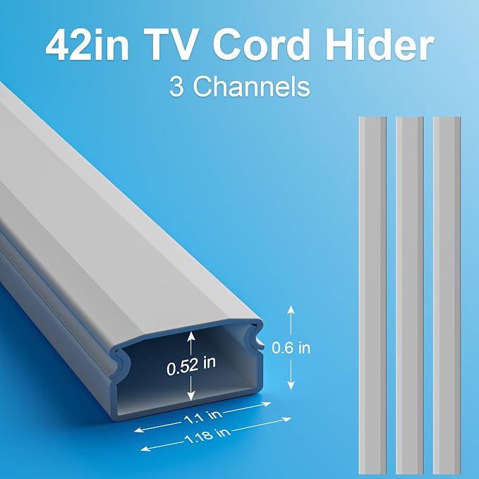 Yecaye TV Cord Hider, 42in Cord Cover Wall Mounted, W1.18in H0.6in, Grey | Large Cable Hider, Wire Covers for 4 Cords, Cable Raceway Wire Hiders for TV on Wall, Cable Cover Cord Concealer - Image 3