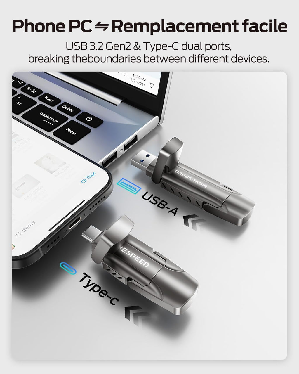 MOVE SPEED 2TB Flash Drive, External SSD with 1000MB/s Read Write Speed, USB 3.2 Gen2+Type C Dual Port Portable SSD, Thumb Drive for iPhone 15, 16, 17 Series/MacBook/Android Phone/Audio etc - Image 3