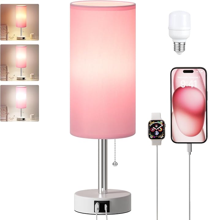Dicoool Pink Bedside Table Lamp for Girls Bedroom - USB A+C Charging Ports | 3 Color Temperatures, Bulb Included, Pink Fabric Shade, White Metal Base, Cute Pink Room Decor, 14" Desk Lamp for Kids Dorm - Image 9