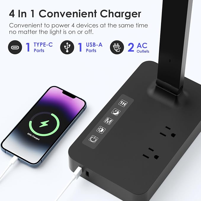 Infiway Desk Lamp with USB Charging Port: LED Desk Lamps for Home Office - 1 USB-A, 1 Type-C Charging Port, 2 AC Power Outlets, Touch Control Dimmable 5 Color 5 Brightness, Night Light(Black) - Image 2