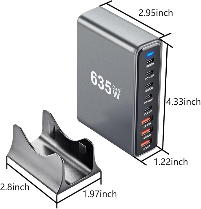 635W GaN Fast Charging Station, 8-Port USB C Charger Stations | PD3.1 140W + QC4.0, Multiple port USB Charger Block for MacBook Pro/Air, iPad, iPhone, Samsung Galaxy, DELL Laptop - Image 3