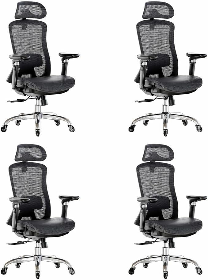 Marsail Big and Tall Mesh Ergonomic Office Chair with 6D Armrests, 4 Pack | 6-level lumbar support, sliding seat depth, high-elastic mesh seat, 3D headrest, 6-position recline, adjustable seat height by Marsail