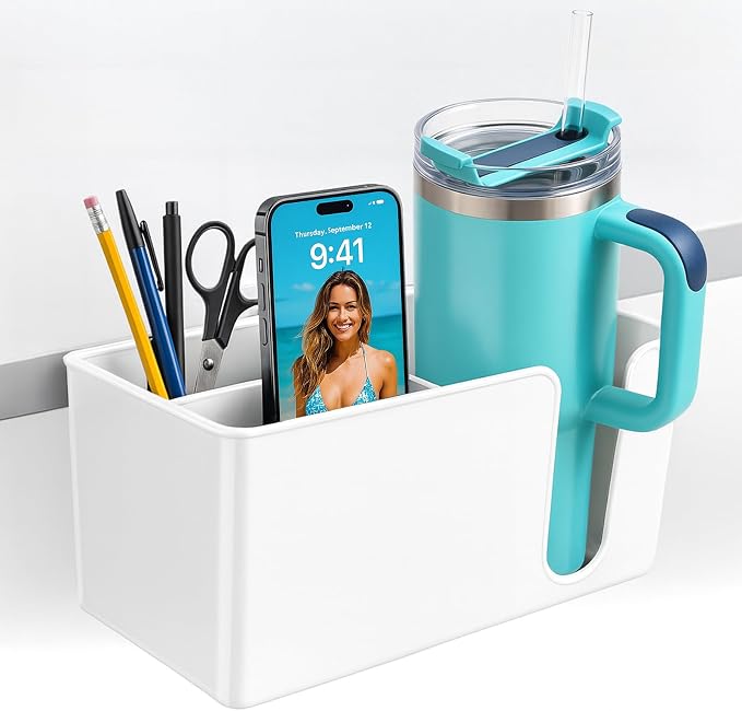 OOKUU 3-in-1 Desk Organizer - Large Desk Cup Holder Clamp, Pencil Holder and Phone Stand - Detachable Anti-Spill Table Cup Holder, Office & PC Gaming Desk Accessories for Cup, Phone and Pen (White) by OOKUU