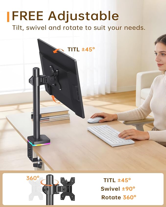 Afaloona RGB Monitor Stand with USB Hub for 13-27" Monitors, up to 17.6 lbs | Single monitor mount with 1 USB-C and 2 USB-A ports supports charging and data transfer for gaming desks and workstations - Image 7