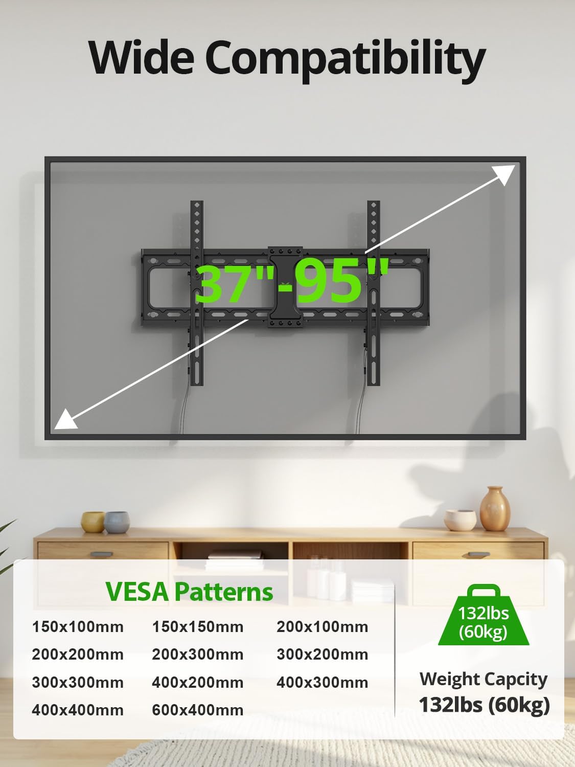 USX MOUNT Tilting TV Wall Mount for Most 37"-95" Flat Curved Screen Television, TV Bracket with Max VESA 600x400mm up to 132lbs, Low Profile Tilt Mount for 16", 24" Stud - Image 2
