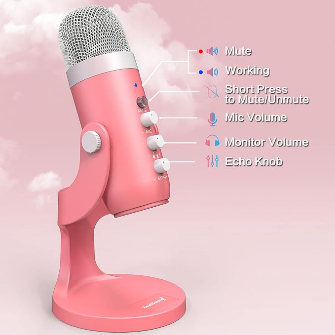 ZealSound Podcast Microphone, Noise Cancellation Mic with Gain, Volume Adjustment & Mute Button, Monitor & Echo, for ASMR, Vocal Recording, YouTube, TikTok, PC, iPhone, iPad, Android, Pearlescent Pink - Image 5