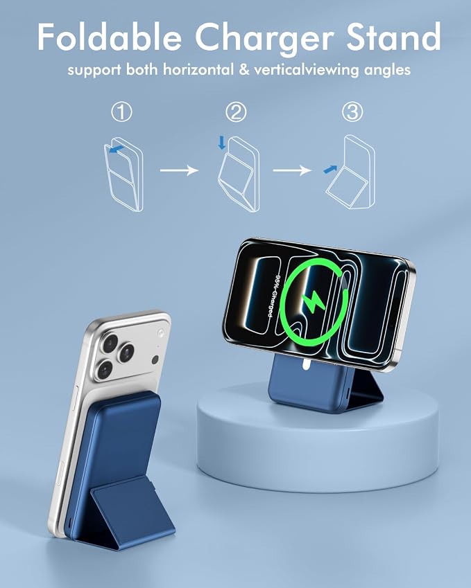 podoru for MagSafe Power Bank 10000 mAh, Foldable Magnetic Portable Charger | 22.5W PD Fast Charging, with USB-C Cable LED Display, Wireless Battery Pack for iPhone 17/16/15/14/13/12 Series-Navy Blue - Image 4