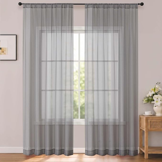 Charcoal Grey Sheer Curtains 96 Inches Long 2 Panels 52" Wide | Elegant Airy Sheer Curtain for Living Room Bedroom, Light Filtering Window Treatments, Rod Pocket, 2pcs Each 52" W x 96" L by OWENIE