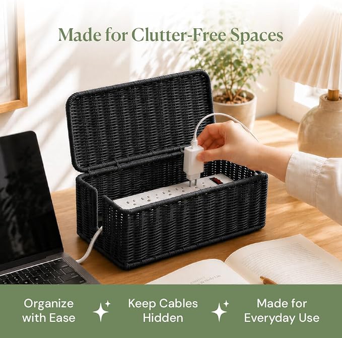Cable Management Box, Handmade Rattan Cord Organizer for Power Strip | Open Slots Cord Hider for Power Strip, Router & USB Hub, Registered U.S. Design Patent - Image 9
