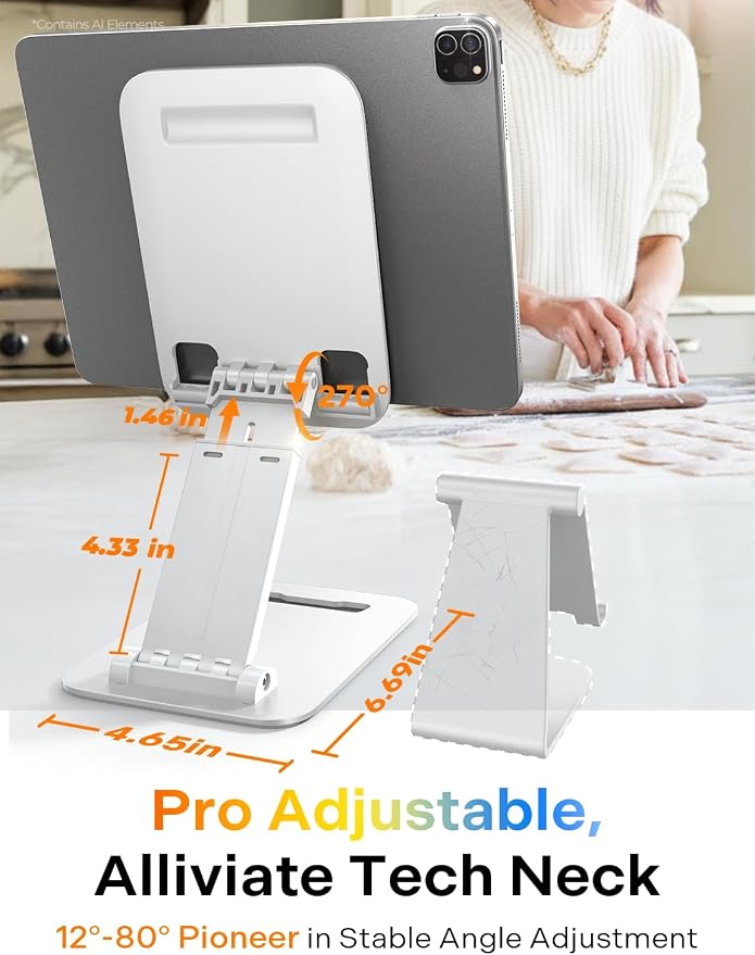 LISEN for iPad Stand Adjustable Tablet Holder Desk, iPad Accessories White | Foldable Home Office Desk Accessories Travel for iPad Holder Dorm College Essentials Fits Ebooks Kindle 4-15.9" - Image 6