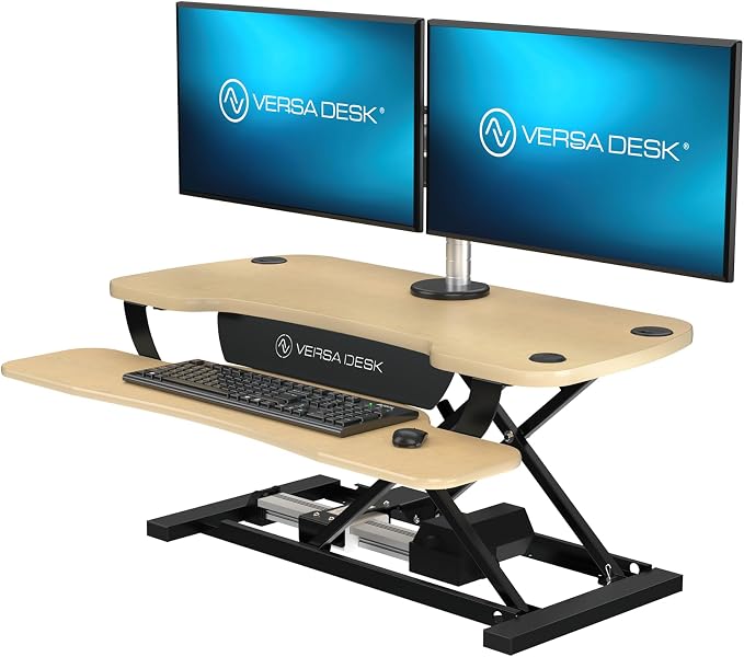 PowerPro 36 Inch Electric Standing Desk Converter – Push-Button Height Adjustable Sit to Stand Desk Riser for Dual Monitors & Laptop – Motorized Desktop Workstation with Wide Keyboard Tray by VERSADESK