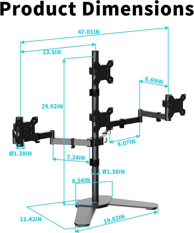 Pholiten Quad Monitor Freestanding Mount for 13-32 Inch Screens | Fully Adjustable 4 Monitor Stand with Base,Swivel, Tilt, Rotation,75 * 75MM/100 * 100MM Vesa Stand, Max Load 22lbs - Image 3