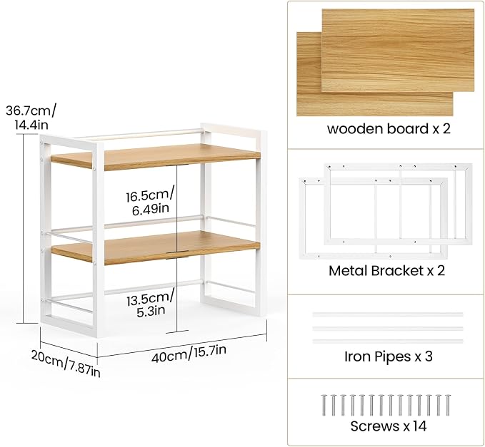 Office Desk Shelf Organizer, Wood Desktop Bookshelf Supplies Storage Rack, Shelf for Top of Desk and Dresser (White-2 Tier) - Image 3