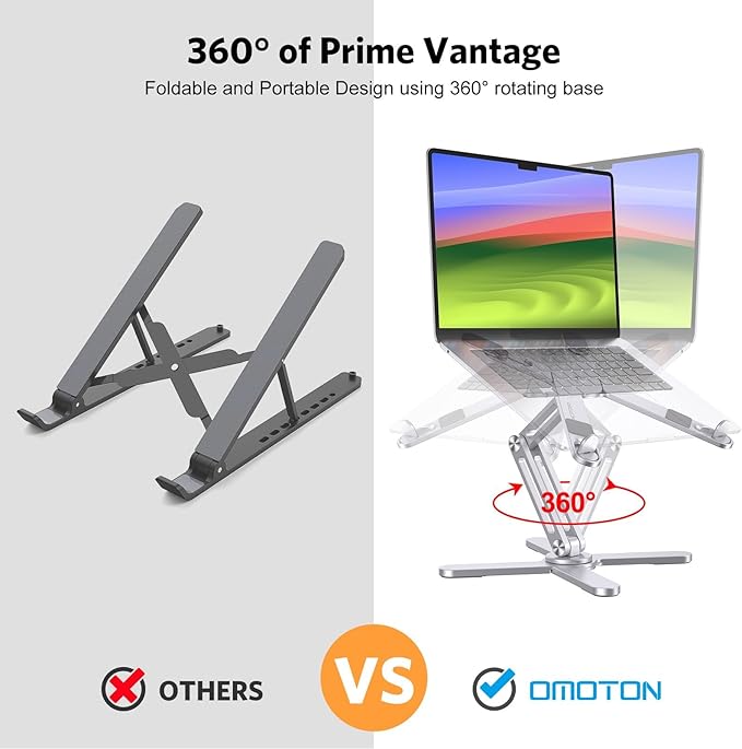 OMOTON LA10 360° Rotating Laptop Stand Riser Foldable for Desk, Silver | Aluminium Aolly, Adjustable Height Angles, Collaborative Work, Easy Storage, Fits Laptops up to 17", for MacBook Pro/Air HP - Image 2