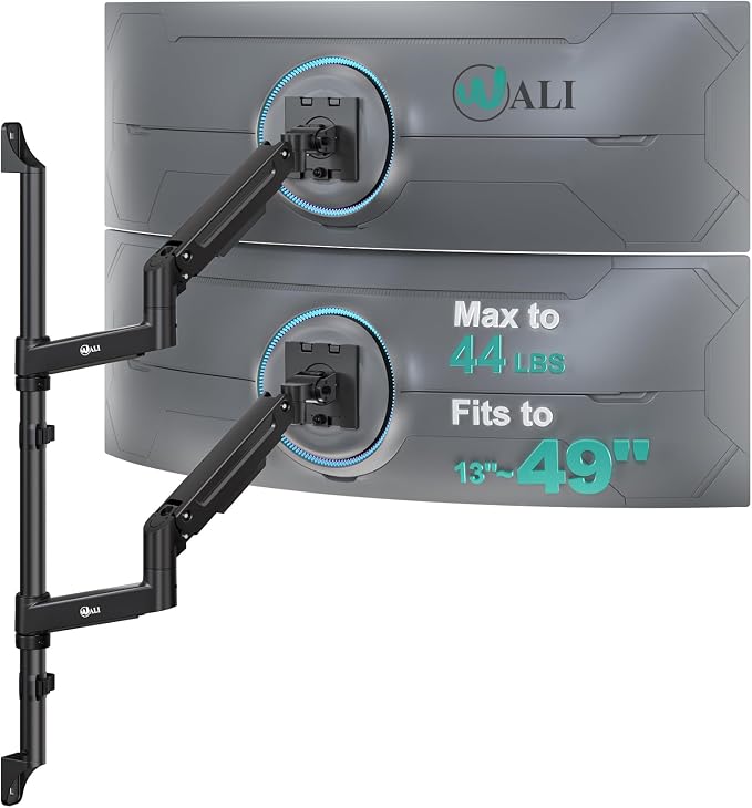 WALI Vertical Dual Monitor Wall Mount for 13-49 inch Screens, 44lbs per Arm | Heavy Duty Stacked Ultrawide Monitor Arm for Wall, Full Motion with Tilt, Swivel, Rotation, VESA 75/100mm (GSWM002-P), Black by WALI