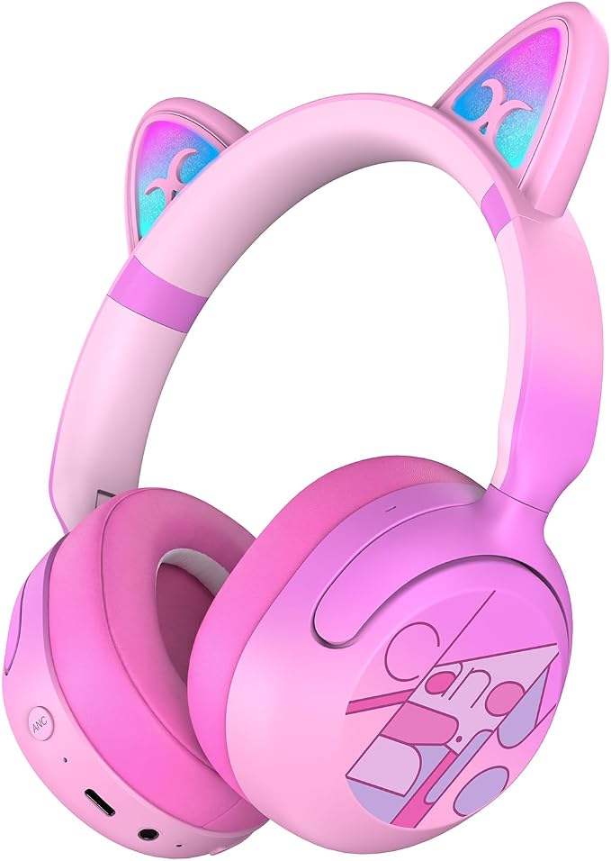 Candy Bila Kids Bluetooth Headphones, Active Noise Cancelling, 85dB Limit | LED cat ear, 40H playtime, Bluetooth 6.0, Fast charging, AUX Cable, Stereo Sound, Built-in mic for iPad Tablets Travel by CandyBila