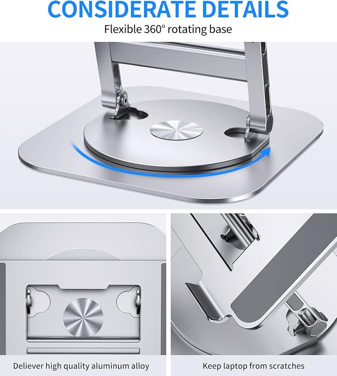 AOEVI Adjustable Laptop Stand with 360 Rotating Base, Stable Computer Stand for Laptop Ergonimic Foldable Laptop Riser for Desk Compatible with MacBook Pro/Air Notebook up to 16 Inches, Silver - Image 5