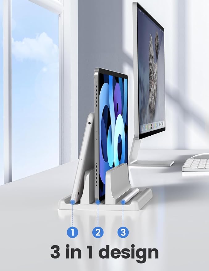 Vaydeer Vertical Laptop Stand Holder Plastic Adjustable Desktop Notebook Dock Space-Saving 3 in 1 for All MacBook Pro Air, Mac, HP, Dell, Microsoft Surface, Lenovo, up to 17.3 inches (White) - Image 2