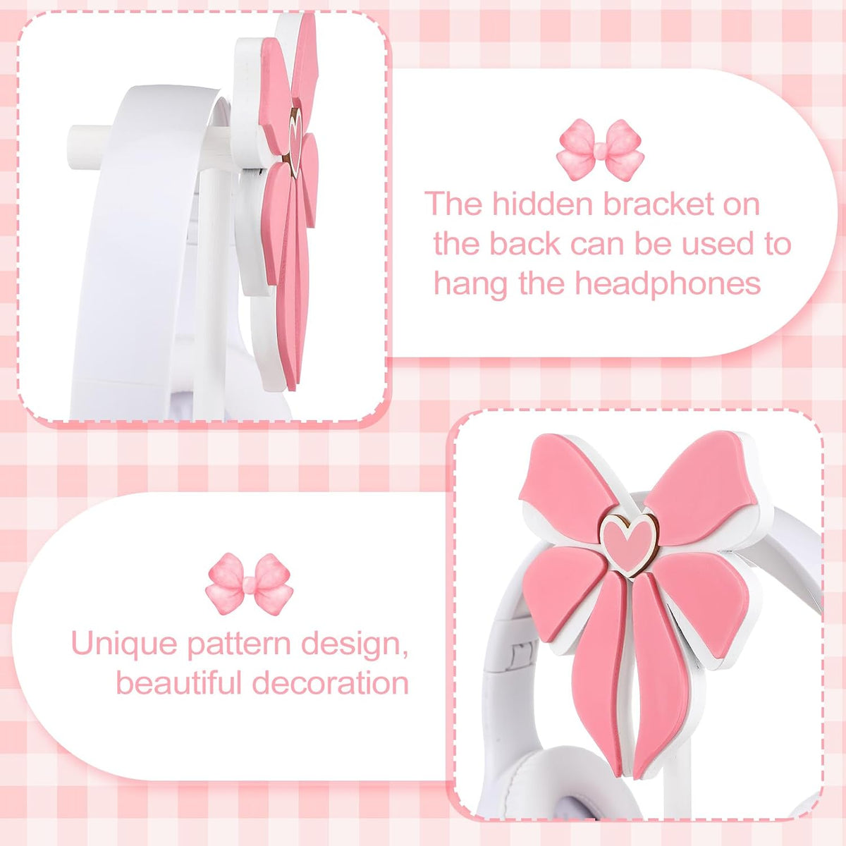 Kingdder Pink Bow Wood Headphone Stand Christmas Headset Holder Gifts - Image 3
