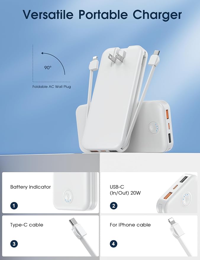 Nusyddy Portable Charger 10000mAh Fast Charging w/Built-in Wall Plug White | PD20W Fast Charging, LED Indicator, Pass Through Charging, TSA Approved, Compact/Slim, Power Bank for iPhone/iPad/Samsung - Image 3
