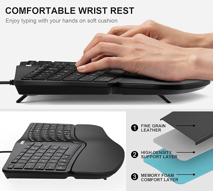 Arteck Split Ergonomic Keyboard with Palm Rest, USB Wired Backlit Keyboard - Image 3