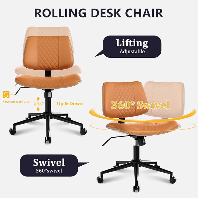 Modern Armless Office Chair with Wheels, Wide Seat Walnut, Brown | Adjustable Swivel Desk Chair with Mid Back & Tilt Function, Faux PU Leather Mid Century Modern Task Office Chair, 300LBS Cap - Image 5
