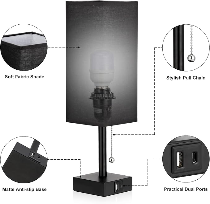 Set of 2 Black Bedside Table Lamps for Bedroom - Nightstand Lamp, USB C+A | Pull Chain Lamp, 3 Color Modes(3000K/4000K/5000K), E26 LED Bulb Included, Square Black Fabric Lampshade, for Read, Work, Dorm - Image 4