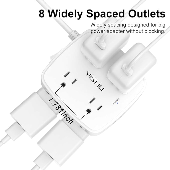 5Ft Surge Protector Power Strip - 8 Widely Outlets with 4 USB Ports, 3 Side Outlet Extender with 5 Feet Extension Cord, Flat Plug, Wall Mount, Desk USB Charging Station, ETL,White - Image 5