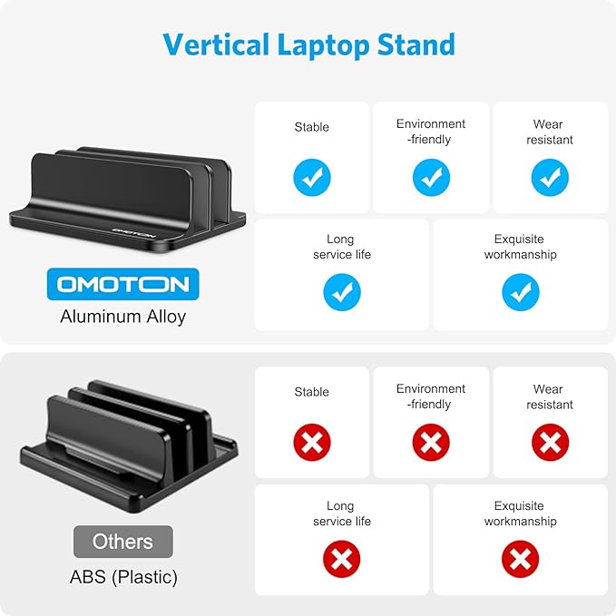 OMOTON Dual Vertical Desk Laptop Stand Holder, Fits MacBook Air/Pro, Black | Aluminum Laptop Storage Rack for Desk, Adjustable Dock for Up to 17.3 in. Gaming Laptop, Space-Saving Desk Organizer - Image 2