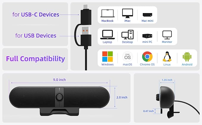 Computer Speakers for Desktop PC, Monitor Speakers with Easy Volume Knob, Sturdy Clamp, Clear Sound, Decent Bass, USB Plug in External Speakers for Laptop, Small PC Soundbar, USB-C Adapter, 5Ft Cable - Image 6
