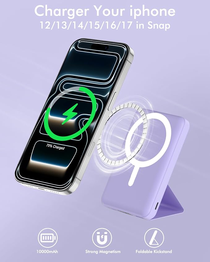 podoru for MagSafe Power Bank 10000 mAh, Foldable Magnetic Portable Charger | 22.5W PD Fast Charging, with USB-C Cable LED Display, Wireless Battery Pack for iPhone 17/16/15/14/13/12 Series-Light Purple - Image 3