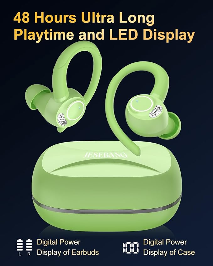 Wireless Earbuds, Bluetooth 5.4 Headphones Sport Over Ear Buds with ENC Mic | Noise Cancelling Mic,48H, Wireless Earphone With Earhooks, Stereo Deep Bass, IP7 Waterproof ear bud for Workout Running,Green - Image 5