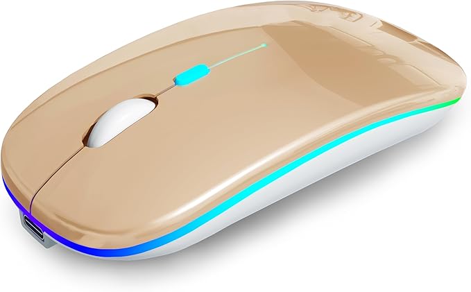 AIKOKOK Wireless Mouse, Bluetooth Mouse Rechargeable Dual Mode, Gold | BT 5.2 & 2.4G USB Receiver, 3 Adjustable DPI,LED Lights,Slim,Silent,Portable Computer Mouse for Laptop,PC,MacBook,iPad,Tablet by AIKOKOK