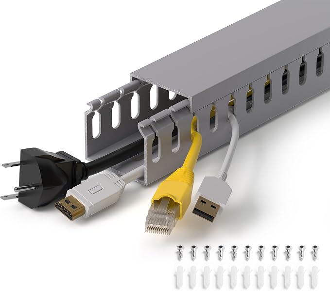 1.4"H x 1.6"W Cable Raceway, 12ft Under Desk Wire Management Channel, Grey | Slotted Wire Duct, 4 Pack (3 ft Each), Heavy-Duty PVC Cable Management for Server Racks, Network Cables & Electrical Cabinets by ZhiYo