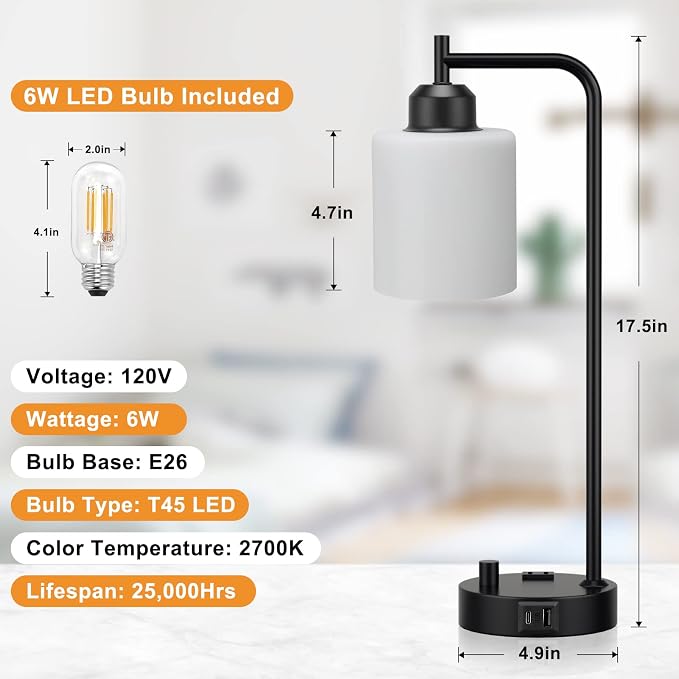 Industrial Bedroom Table Lamps for Bedside - White Opal Glass Shade Desk Lamps with USB C Port, Fully Dimmable Black Lamps with USB Port and Outlet, Reading Nightstand Lamp for Office Living Room - Image 7