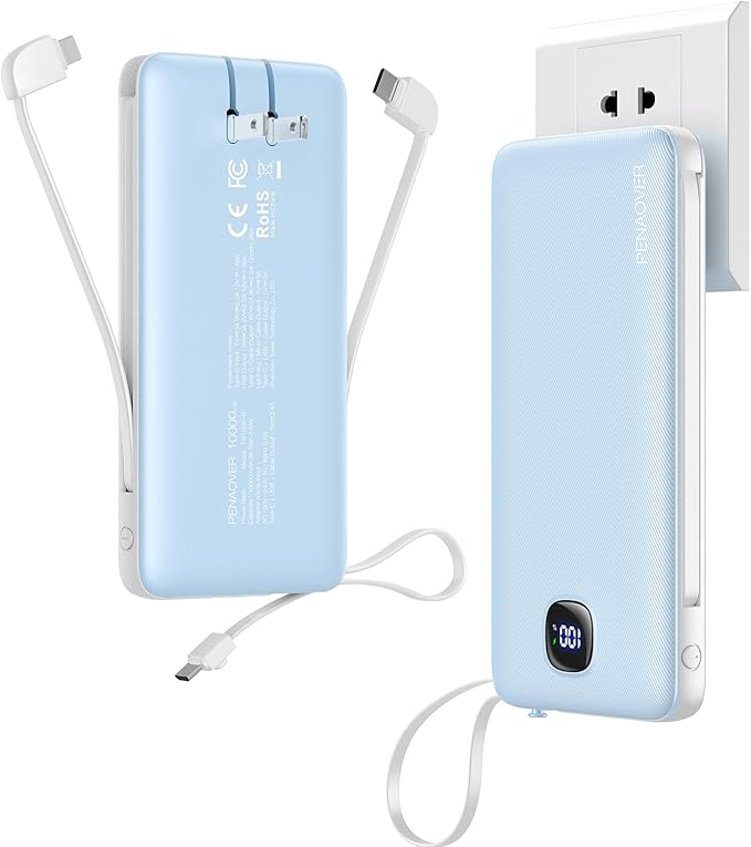 Portable Charger 10000mAh 22.5W Power Bank,Built-in 3 Cables & AC Wall Plug | Fast Charging, 0.68in Ultra Slim,Charge 5 Devices,TSA Approved Travel Essential Battery Pack for iPhone/Samsung/Android by penaover