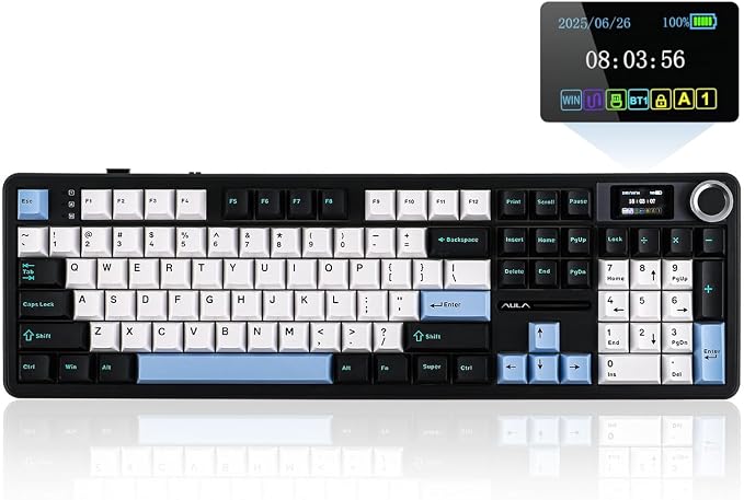 EPOMAKER X Aula F108 PRO Wireless Gaming Keyboard with Screen, 8000mAh Battery, 104 Hot-Swappable and Programmable Keys and Knob, RGB Backlight, for Mac/PC/Android (Blue&White&Black) by EPOMAKER